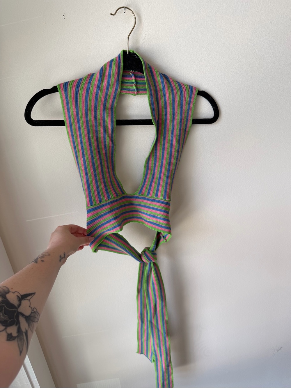 Striped Knit Tie-Front Halter Top in Green, Blue, Pink